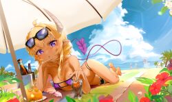 1girl absurdres ahoge barefoot beach beach_towel beach_umbrella bikini blonde_hair blue_sky braid breasts broken_horn cola condensation cup demon_girl demon_horns demon_tail drinking_glass eltir eyewear_on_head fang food from_below fruit highres horns ice_bucket lilith_(machikado_mazoku) long_hair looking_at_viewer lying machikado_mazoku micro_bikini orange_(fruit) palm_tree purple_bikini purple_eyes seaside single_braid skin_fang sky sunglasses swimsuit tail tan tanning towel tree tropical umbrella