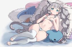 1girl ahoge bed bikini blue_eyes braid cat_girl cat_tail grey_hair hair_ornament hairclip highres kkaebing long_hair looking_at_viewer lying micro_bikini original pillow stuffed_animal stuffed_shark stuffed_toy swimsuit tail thick_thighs thighhighs thighs twin_braids twintails very_long_hair wide_hips