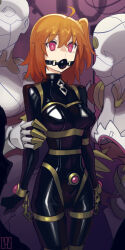 0_0 1girl ball_gag bodysuit bound bound_arms breasts cad_(caddo) chaldea_logo fate/grand_order fate_(series) fujimaru_ritsuka_(female) gag gagged highres latex latex_bodysuit long_hair looking_to_the_side medium_breasts orange_hair red_eyes side_ponytail skin_tight skindentation standing thigh_gap