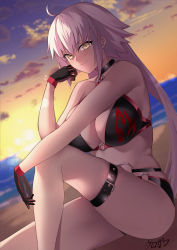 1girl ahoge bikini black_bikini black_gloves black_jacket breasts choker cleavage fate/grand_order fate_(series) gloves highres jacket jeanne_d&#039;arc_alter_(swimsuit_berserker)_(fate) jeanne_d&#039;arc_(fate) jeanne_d&#039;arc_alter_(fate) jeanne_d&#039;arc_alter_(swimsuit_berserker)_(fate) kurozawa_yui large_breasts long_hair looking_at_viewer o-ring o-ring_bikini purple_sky silver_hair sky solo swimsuit thigh_strap thighs very_long_hair yellow_eyes