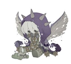 1boy armor bug chinese_commentary cloak commentary_request deformed doll empty_eyes fly gas_mask grey_hair grey_wings hood hooded_cloak insect insect_wings long_sleeves male_focus mask medium_hair mortarion purple_cloak sitting solo spiked_hood translation_request warhammer_40k white_hair wings yellow_eyes yigeweiren607