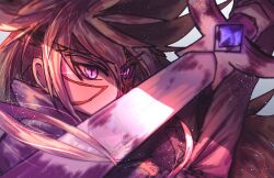 1boy arms_up blonde_hair cape clenched_hands cloak close-up covering_own_mouth dappled_sunlight different_reflection eyes_in_shadow eyes_visible_through_hair facial_mark facing_to_the_side gem gengba1661 hands_up highres holding holding_sword holding_weapon light_particles long_hair looking_to_the_side male_focus purple_cape purple_cloak purple_eyes purple_gemstone purple_tunic reflection reflective_surface shaded_face spiked_hair sunlight sword tunic upper_body weapon white_arm_warmers white_background wind yu-gi-oh! yu-gi-oh!_go_rush!! zuwijo_zir_velgear