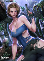 Rule 34 | 1girl, black panties, blue eyes, breasts, brown hair, cleavage, gun, handgun, hibren, highres, holding, holding gun, holding weapon, jewelry, jill valentine, necklace, panties, parted lips, resident evil, resident evil 3: nemesis, resident evil 3 (remake), short hair, torn clothes, underwear, weapon, zombie