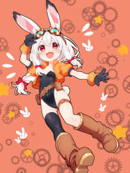 1girl :3 animal_ear_fluff animal_ears arm_up belt black_gloves black_leotard black_thighhighs boots bow braid breasts brown_boots full_body gloves gluteal_fold goggles goggles_on_head groin hair_bow highleg highleg_leotard highres jacket leotard long_hair mutsuse open_mouth orange_jacket original pouch rabbit_ears rabbit_girl rabbit_tail red_eyes ribbon single_thighhigh small_breasts smile solo tail thigh_strap thighhighs thighs white_hair