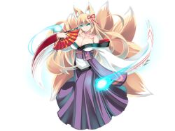 1girl animal_ear_fluff animal_ears bare_shoulders blonde_hair blue_fire breasts chest_tattoo cleavage closed_mouth expressionless eyeliner fire folding_fan fox_ears fox_girl fox_tail game_cg glowing glowing_eyes green_eyes hair_between_eyes hair_ornament hand_fan holding holding_fan japanese_clothes kimono kitsune large_breasts long_hair long_sleeves looking_at_viewer makeup mon-musu_quest! mon-musu_quest:_paradox monster_girl multiple_tails non-web_source off_shoulder partially_shaded_face shiki_(psychedelic_g2) solo standing tail tamamo_(mon-musu_quest!) tamamo_(monster_realm)_(mon-musu_quest!) tattoo variant_set wide_sleeves
