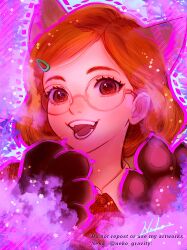 1girl absurdres animal_hands brown_eyes cat_paws glasses hair_ornament happy highres long_hair looking_at_viewer meilin_lee nyamunekonabe open_clothes red_hair red_shirt shirt smile solo turning_red upper_body