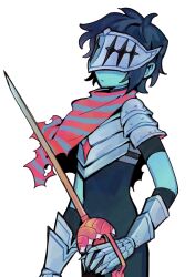 1other androgynous armor black_bodysuit blue_hair blue_skin bodysuit breastplate cape colored_skin commentary cowboy_shot deltarune english_commentary expressionless from_side gauntlets goomyloid highres holding holding_sword holding_weapon kris_(deltarune) pauldrons rapier scarf short_hair shoulder_armor simple_background striped_clothes striped_scarf sword torn_cape torn_clothes turning_head visor_(armor) weapon white_background