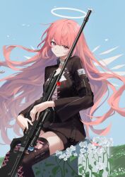 1girl absurdres anti-materiel_rifle arknights black_jacket black_shorts black_thighhighs blue_sky boots breasts choker closed_mouth day energy_wings fanluo floating_hair flower gun halo highres holding holding_gun holding_weapon jacket lemuen_(arknights) long_hair long_sleeves looking_at_viewer outdoors pink_eyes pink_hair rifle shirt short_shorts shorts sitting sky smile sniper_rifle solo thigh_boots thighhighs very_long_hair weapon white_flower wings