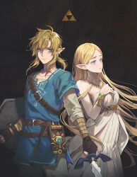 1boy 1girl blonde_hair blue_eyes breasts champion&#039;s_tunic_(zelda) commentary cowboy_shot dress earrings gloves hair_between_eyes highres holding holding_shield holding_sword holding_weapon jewelry link lino_chang long_hair long_sleeves looking_at_viewer master_sword nintendo pointy_ears ponytail princess_zelda revision sheikah_slate shield side-by-side standing sword the_legend_of_zelda the_legend_of_zelda:_breath_of_the_wild triforce weapon
