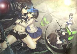 10s 2girls 4girls absurdres bad_id bad_pixiv_id bikini bikini_top_only black_bikini black_dress black_hair black_rock_shooter black_rock_shooter_(character) black_shorts black_sweater blue_eyes blue_skirt breasts cardigan chain cleavage collarbone dead_master dress dual_persona flaming_eyes front-tie_bikini_top front-tie_top green_eyes highres holding holding_weapon horns kuroi_mato long_hair looking_at_viewer multiple_girls navel one_eye_closed open_cardigan open_clothes open_mouth pleated_skirt scar school_uniform scythe short_hair short_shorts shorts sitting skirt skull small_breasts sola_(sola04) sweater swimsuit takanashi_yomi weapon