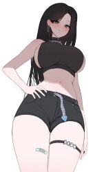 1girl absurdres bandaid bandaid_on_leg bare_arms bare_shoulders black_hair black_shirt black_shorts blue_eyes breasts closed_mouth commentary_request commission cowboy_shot crop_top ear_piercing earrings from_below hand_on_own_hip highres jewelry korean_commentary large_breasts long_hair looking_at_viewer midriff navel original piercing shirt short_shorts shorts sideboob simple_background sleeveless sleeveless_shirt smile solo stomach thigh_strap thighs white_background yulmumas