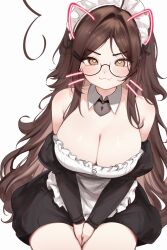 1girl :3 ahoge alternate_costume animal_ears apron bare_shoulders between_legs black-framed_eyewear black_bow black_dress black_sleeves blush bow breast_focus breasts brown_eyes brown_hair cat_ears cleavage closed_mouth collar commentary cowboy_shot detached_collar detached_sleeves dot_nose dress english_commentary enmaided eyebrows_hidden_by_hair fake_animal_ears fang frilled_apron frilled_dress frills glasses hair_bow hair_intakes hair_ornament hair_over_shoulder hairclip hairpin half-closed_eyes hand_between_legs heart heart-shaped_lock heart-shaped_pupils highres huge_ahoge indie_virtual_youtuber invisible_chair juliet_sleeves large_breasts leaning_to_the_side legs_together long_eyelashes long_hair long_sleeves looking_at_viewer maid maid_apron maid_headdress multiple_hair_bows multiple_hairpins narrowed_eyes neck_ribbon neon_lights parted_bangs puffy_sleeves ribbon round_eyewear short_dress sidelocks simple_background sitting skin_fang sky_above_me sky_above_me_(vtuber) solo straight-on strapless strapless_dress symbol-shaped_pupils thick_eyelashes thighs two-tone_dress v-shaped_eyebrows v_arms very_long_hair virtual_youtuber wavy_hair whiskers white_apron white_background white_collar white_dress