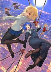 2boys 3girls :d ahoge arcueid_brunestud black_keys_(type-moon) blonde_hair blue_eyes blue_hair boots breasts ciel_(tsukihime) highres lack long_sleeves looking_at_viewer mario_gallo_bestino medium_breasts moon multiple_boys multiple_girls noel_(tsukihime) open_mouth outdoors pantyhose red_eyes short_hair skirt smile sweater tohno_shiki tsukihime tsukihime_(remake) turtleneck weapon