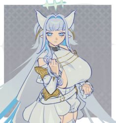 Rule 34 | alternate costume, azur lane, belt, black choker, blue halo, bois belleau (azur lane), breasts, cape, choker, frills, hair intakes, halo, large breasts, long hair, playing with own hair, pointy ears, shy-bear, sideboob, thighhighs, twintails, very long hair, white belt