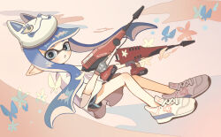 Rule 34 | 1girl, blue eyes, blue hair, dolphin shorts, dualie squelchers (splatoon), fox mask, hashtag-only commentary, highres, holding, holding weapon, inkling, inkling girl, inkling player character, long hair, looking at viewer, mask, nintendo, open mouth, osakanagumi11, shirt, shoes, shorts, solo, splatoon (series), splatoon 3, tentacle hair, unworn mask, weapon, white shirt, white shoes