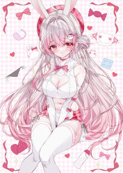 1girl absurdres animal_ears apron argyle_background beret between_legs black_panties blush bottle bow breasts choker cleavage cleavage_cutout clothing_cutout collared_shirt commentary commission condom condom_wrapper elbow_gloves feet_out_of_frame frilled_apron frilled_shirt_collar frills gloves grey_hair hair_between_eyes hair_intakes hair_ornament hairclip hand_between_legs hat heart_cutout highres knees_together_feet_apart large_breasts long_hair looking_at_viewer lube navel original panties pink_bow pink_choker pink_hat pink_skirt plaid_clothes plaid_hat plaid_skirt rabbit_ears rabbit_hair_ornament red_eyes shirt side-tie_panties skirt sleeveless sleeveless_shirt solo tandohark thighhighs underwear unworn_panties very_long_hair waist_apron white_apron white_gloves white_shirt white_thighhighs