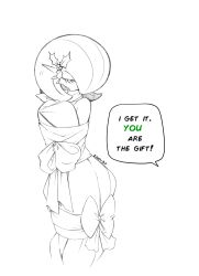 1girl bob_cut bound bow closed_eyes gardevoir gen_3_pokemon gift_wrapping hair_ornament hair_over_one_eye highres lineart nintendo pokemon pokemon_(creature) simple_background speech_bubble superiordutchsauce tied_up_(nonsexual) white_background