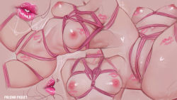 armpits artist_name bdsm bondage bound breasts close-up commentary crotch english_commentary heart implied_yuri large_breasts lipstick lipstick_mark lipstick_mark_on_breast lipstick_mark_on_leg lipstick_mark_on_neck lipstick_mark_on_pussy lipstick_mark_on_stomach lying makeup navel nipples nude on_back original paloma_piquet partially_visible_vulva pink_background ribs spread_legs torso