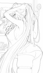 1girl absurdres ahoge armpits ass braid breasts changli_(wuthering_waves) greyscale highres holding lineart long_hair looking_at_viewer mirror monochrome panties ponytail shirt sideboob skindentation sleeveless solo thigh_strap thighs tying_hair underwear very_long_hair virtual_youtuber wuthering_waves yanjiang