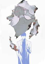 2boys black_hair blue_hair bodysuit book burning burning_paper coat collared_shirt hand_in_pocket hand_up highres holding holding_book kim_dokja light_smile multiple_boys no_eyes omniscient_reader&#039;s_viewpoint raya_(000_unseen) shirt short_hair white_background white_coat yoo_joonghyuk