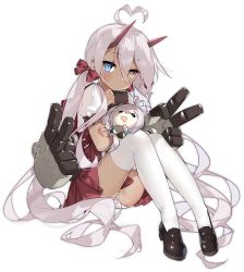 1girl ahoge azur_lane black_shoes blue_eyes blush bow brown_eyes closed_mouth collarbone dark-skinned_female dark_skin female_focus full_body hair_bow heart heart_ahoge heterochromia horns indianapolis_(at_school_with_my_sister...)_(azur_lane) indianapolis_(azur_lane) loafers long_hair looking_at_viewer official_alternate_costume official_art panties pantyshot puffy_short_sleeves puffy_sleeves red_bow red_skirt saru shoes short_sleeves sitting skirt solo thighhighs transparent_background twintails underwear very_long_hair white_panties white_thighhighs