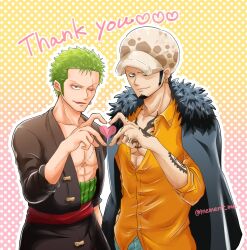 2boys abs adam&#039;s_apple black_cape cape closed_mouth commentary_request earrings facial_hair goatee green_hair hand_tattoo hat heart heart_hands heart_hands_duo jewelry long_sideburns male_focus mement_me multiple_boys one_piece pectoral_cleavage pectorals polka_dot polka_dot_background roronoa_zoro scar scar_on_chest shirt short_hair sideburns tattoo thank_you toned toned_male trafalgar_law upper_body white_hat yaoi yellow_shirt