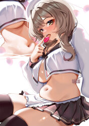 1girl black_thighhighs bready_(nikke) breasts brown_eyes brown_hair brown_skirt candy food goddess_of_victory:_nikke highres holding holding_candy holding_food holding_lollipop large_breasts lollipop long_sleeves looking_at_viewer multiple_views navel open_mouth pleated_skirt plump saliva shirt skirt squchan stomach thighhighs tongue tongue_out underboob white_shirt