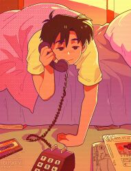 1boy bed brown_hair cassette_tape closed_mouth corded_phone derivative_work duskey_(sunsetfoam) highres indoors kubo_ken magazine_(object) male_focus morning otaku_no_video phone screenshot_redraw sleepy solo talking_on_phone under_covers