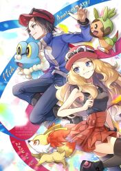 1boy 1girl anniversary bare_shoulders baseball_cap black_shirt blue_jacket body_fur brown_hair calem_(pokemon) chespin dated eyewear_on_headwear fennekin fox froakie frog gen_6_pokemon hat high-waist_skirt jacket long_hair nintendo pink_hat pokemon pokemon_xy red_hat red_skirt serena_(pokemon) shirt short_hair skirt sleeveless sleeveless_shirt yellow_fur yomogi_(black-elf)