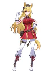 Rule 34 | 1girl, absurdres, animal ears, armband, belt, belt pouch, blonde hair, boots, bow, bowtie, breasts, brown hat, buttons, commentary, cosplay, double-breasted, dress, ear covers, full body, gloves, gold ship (umamusume), gold ship (umamusume) (cosplay), hair between eyes, hair bow, hand on own hip, hat, high heel boots, high heels, highres, hololive, hololive indonesia, horse ears, horse girl, horse tail, kaela kovalskia, large breasts, lips, long hair, looking at viewer, pantyhose, pillbox hat, pointing, pointing at self, pointing with thumb, pouch, raikkonen, red bow, red bowtie, red dress, red eyes, short dress, sidelocks, simple background, sleeveless, sleeveless dress, smile, solo, standing, straight hair, tail, taut clothes, taut dress, teeth, tight clothes, umamusume, virtual youtuber, white background, white boots, white gloves