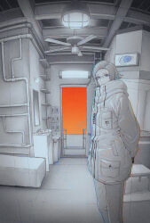 1boy absurdres aotsuki_eito arms_behind_back bed blood blue_eyes ceiling_fan ceiling_light closed_mouth drawstring feet_out_of_frame glasses grey_hair hands_in_pockets hanging_light high_collar highres indoors industrial_pipe jacket light_bulb limited_palette long_sleeves looking_at_viewer male_focus mirror open_door orange_sky pants pocket screen short_hair sink sky smile solo spot_color standing table the_hundred_line_-last_defense_academy- tile_floor tiles trash_can white_jacket white_pants xinjinjumin839286500137 zipper