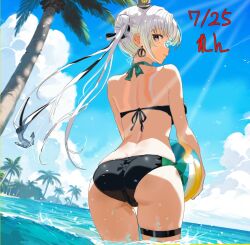 1girl akitsushima_(kancolle) anchor_hair_ornament artist_name ass ball beach beachball bikini black_bikini blue_sky choker cloud cowboy_shot dated day earrings from_behind green_choker grey_hair hair_bun hair_ornament hair_ribbon hat holding holding_ball holding_beachball horizon jewelry kantai_collection long_hair looking_at_viewer looking_back mini_hat ocean one-hour_drawing_challenge outdoors palm_tree purple_eyes ren_(pawer1945) ribbon shore side_ponytail sky solo swimsuit thigh_strap tree