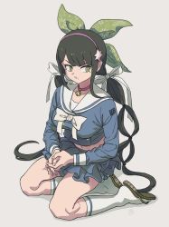 1girl bell black_hair blue_shirt blunt_bangs breasts chabashira_tenko choker collarbone danganronpa_(series) danganronpa_v3:_killing_harmony green_eyes green_ribbon hair_ornament hair_ribbon hairband highres hosodayo kneehighs large_breasts layered_skirt long_hair long_sleeves low_twintails midriff mole mole_under_mouth navel neck_bell parted_lips pink_choker pink_hairband pleated_skirt ribbon school_uniform serafuku shirt sitting skirt socks solo twintails white_socks