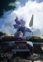 Rule 34 | 1girl, absurdres, ahoge, arm up, backpack, bag, blue archive, blue eyes, blue jacket, clenched hand, flag, hair between eyes, highres, holding, holding bag, holding flag, jacket, kneehighs, long hair, looking at viewer, multicolored hair, norio (norio386), open mouth, pink bag, reisa (blue archive), sailor collar, sidelocks, skirt, socks, white footwear, white sailor collar, white skirt, white socks
