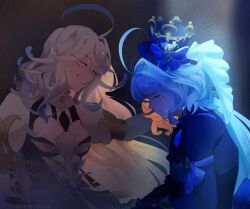 Rule 34 | 2girls, ahoge, artist name, ascot, black ascot, black background, blue bow, blue dress, blue eyes, blue gemstone, blue hair, blue hat, blue jacket, bow, breasts, closed eyes, closed mouth, clothing cutout, crying, crying with eyes open, dress, dual persona, furina (genshin impact), gem, genshin impact, gold trim, grey hair, hair between eyes, hat, hat bow, hat ornament, highres, huge ahoge, jacket, juliet sleeves, long hair, long sleeves, looking at another, low ponytail, medium breasts, multicolored hair, multiple girls, neitonana, ponytail, puffy sleeves, sad, sidelocks, simple background, smile, tears, teeth, top hat, two-tone dress, two-tone hair, upper body, wavy hair, white dress