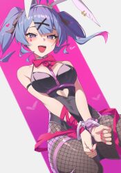 1girl animal_ears black_leotard black_ribbon blue_eyes blue_hair blush bow bowtie breasts cuffs detached_collar dutch_angle fake_animal_ears fishnet_pantyhose fishnets hair_ornament hair_ribbon hairclip handcuffs hashtag-only_commentary hatsune_miku heart heart-shaped_pupils highres leotard looking_at_viewer medium_breasts medium_hair open_mouth pantyhose playboy_bunny rabbit_ears rabbit_hole_(vocaloid) red_bow reulem ribbon solo symbol-shaped_pupils teardrop_facial_mark teeth tongue twintails vocaloid