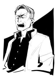 Rule 34 | 1boy, angry, collared shirt, commentary, dnbsan, furrowed brow, greyscale, highres, jacket, looking at viewer, male focus, matsuda ryota, monochrome, open mouth, sanpaku, shirt, short hair, solo, symbol-only commentary, toshi densetsu kaitai center, upper body, white background