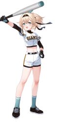 1girl baseball baseball_bat baseball_uniform blonde_hair blue_eyes blue_socks gloves headband holding holding_baseball_bat hololive izumi_sai kazama_iroha medium_hair midriff nippon_professional_baseball official_art shirt shoes sneakers socks sportswear transparent_background virtual_youtuber white_shirt yomiuri_giants