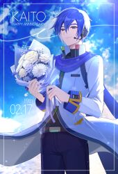 Rule 34 | 1boy, absurdres, anniversary, belt, black belt, blue eyes, blue hair, blue nails, blue pants, blue scarf, blue wrist cuffs, bouquet, character name, closed mouth, commentary, cowboy shot, dated, flower, hair between eyes, happy anniversary, headset, highres, holding, holding bouquet, jacket, kaito (vocaloid), kaito (vocaloid3), light particles, maima (rrs 0222), male focus, pants, scarf, short hair, smile, solo, vocaloid, white jacket, wrist cuffs