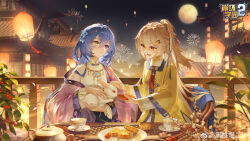 2girls absurdres aerial_fireworks animal architecture ash-c beizi_(clothing) benghuai_xueyuan blonde_hair blue_hair brown_eyes brown_hair carrot cherry chinese_clothes cup east_asian_architecture fireworks flower food fruit full_moon hair_flower hair_ornament hair_rings hanfu heterochromia highres holding holding_animal holding_rabbit honkai_(series) lantern long_hair long_sleeves mandarin_collar moon mooncake multiple_girls night night_sky open_mouth orange_hair outdoors pankou paper_lantern plate ponytail purple_eyes rabbit sitting sky sky_lantern smile table tea teacup teapot watermark weibo_username weibo_watermark yellow_eyes