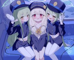 3girls aoba_(blue_archive) black_hat blonde_hair blue_archive blush breasts flat_chest gloves green_hair hair_ornament halo hat highres hikari_(blue_archive) jacket kkurovo long_hair looking_at_viewer low_twintails multiple_girls nozomi_(blue_archive) open_mouth orange_halo pantyhose peaked_cap red_eyes train_conductor twintails underwear white_gloves yellow_eyes