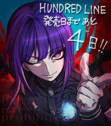 1boy blue_background blunt_bangs blurry_border chamuchai countdown_illustration gakuran highres hole_in_chest hole_on_body last_defense_academy_school_uniform long_sleeves one_eye_closed pointing pointing_at_viewer purple_eyes purple_hair school_uniform simple_background the_hundred_line_-last_defense_academy- tsukumo_ima upper_body watermark white_streaks