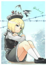 Rule 34 | 1girl, bird, black hat, black shoes, black skirt, black vest, blonde hair, blue background, border, closed mouth, commentary request, crescent, crescent hat ornament, crossed arms, frown, full body, ginnkei, hat, hat ornament, highres, loafers, long sleeves, lunasa prismriver, shirt, shoes, short hair, sitting, skirt, skirt set, socks, solo, swallow (bird), touhou, vest, white border, white shirt, white socks, yellow eyes