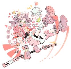 1girl aerith_gainsborough braid cactus chewing_gum chocobo cropped_jacket final_fantasy final_fantasy_vii fingerless_gloves full_body gloves highres jacket jaysoysaucee looking_at_viewer moogle pink_gloves pink_hair pink_jacket pink_shorts sabotender shoe_soles shorts