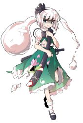 1girl black_bow black_bowtie black_hairband black_shoes blunt_bangs bow bow_hairband bowtie commentary_request dairi frilled_skirt frills full_body green_eyes green_skirt green_vest hairband holding holding_sword holding_weapon katana konpaku_youmu konpaku_youmu_(ghost) large_variant_set looking_at_viewer mary_janes open_mouth shaded_face shirt shoes short_hair short_sleeves skirt skirt_set socks solo standing sweatdrop sword torn_clothes touhou transparent_background variant_set vest weapon white_hair white_shirt white_socks