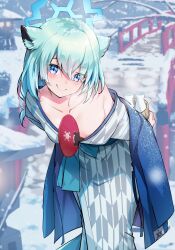 1girl absurdres animal_ear_fluff animal_ears blue_archive blue_halo blush breasts cleavage closed_mouth collarbone green_hair hair_between_eyes halo hand_fan highres looking_at_viewer medium_breasts medium_hair official_alternate_costume official_alternate_hairstyle purple_eyes shigure_(blue_archive) shigure_(hot_spring)_(blue_archive) shiroyu smile solo