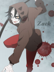 Rule 34 | 1boy, anime coloring, bandaged hand, bandaged head, bandages, black hair, blood, blood splatter, brown jacket, character name, commentary request, crazy eyes, crazy smile, foot out of frame, gradient background, grey background, grey eyes, hair between eyes, heterochromia, hood, hood down, hooded jacket, isaac foster, jacket, kurimilove, leg up, male focus, open clothes, open jacket, open mouth, pants, pointy nose, red pants, satsuriku no tenshi, short hair, smile, solo, wide-eyed, yellow eyes