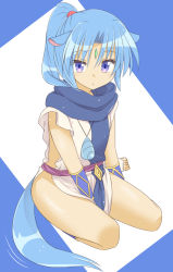 Rule 34 | 10s, 1girl, animal ears, bare legs, barefoot, commentary request, dog days, female focus, forehead jewel, full body, gold trim, horse ears, horse girl, horse tail, kazawa (tonzura-d), ponytail, purple eyes, scarf, sharu (dog days), sitting, solo, tabard, tail, toeless legwear, yokozuwari