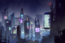 Rule 34 | artist name, building, city, city lights, kvacm, night, no humans, original, outdoors, rain, scenery, skyscraper