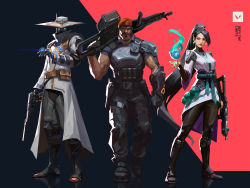 1girl beard belt beret black_belt black_hair black_pants brimstone_(valorant) clenched_hand commentary copyright_name cypher_(valorant) earrings english_commentary facial_hair full_body green_eyes gun hair_behind_ear handgun hat highres holding holding_gun holding_weapon jacket jewelry long_hair mask muscular muscular_male mustache official_art open_hand orb pants pistol ponytail red_headwear sage_(valorant) snatti standing submachine_gun suppressor v-shaped_eyebrows valorant very_long_hair weapon white_headwear white_jacket